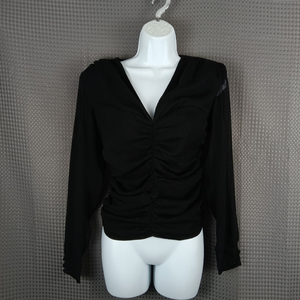 Express Black Ruched Top Small Whimsigoth Sheer Sleeve Fitted Y2K - Picture 1 of 14